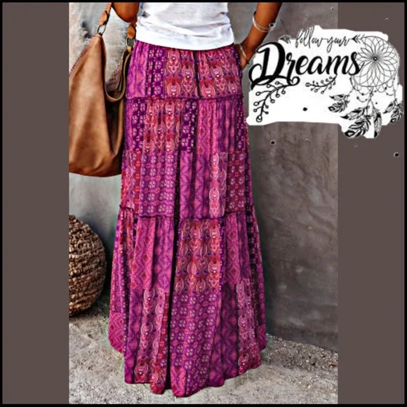 BOHO VIOLET & PINK PAISLY PRINT MAXI SKIRT WITH POCKETS SMALL - Picture 4 of 13